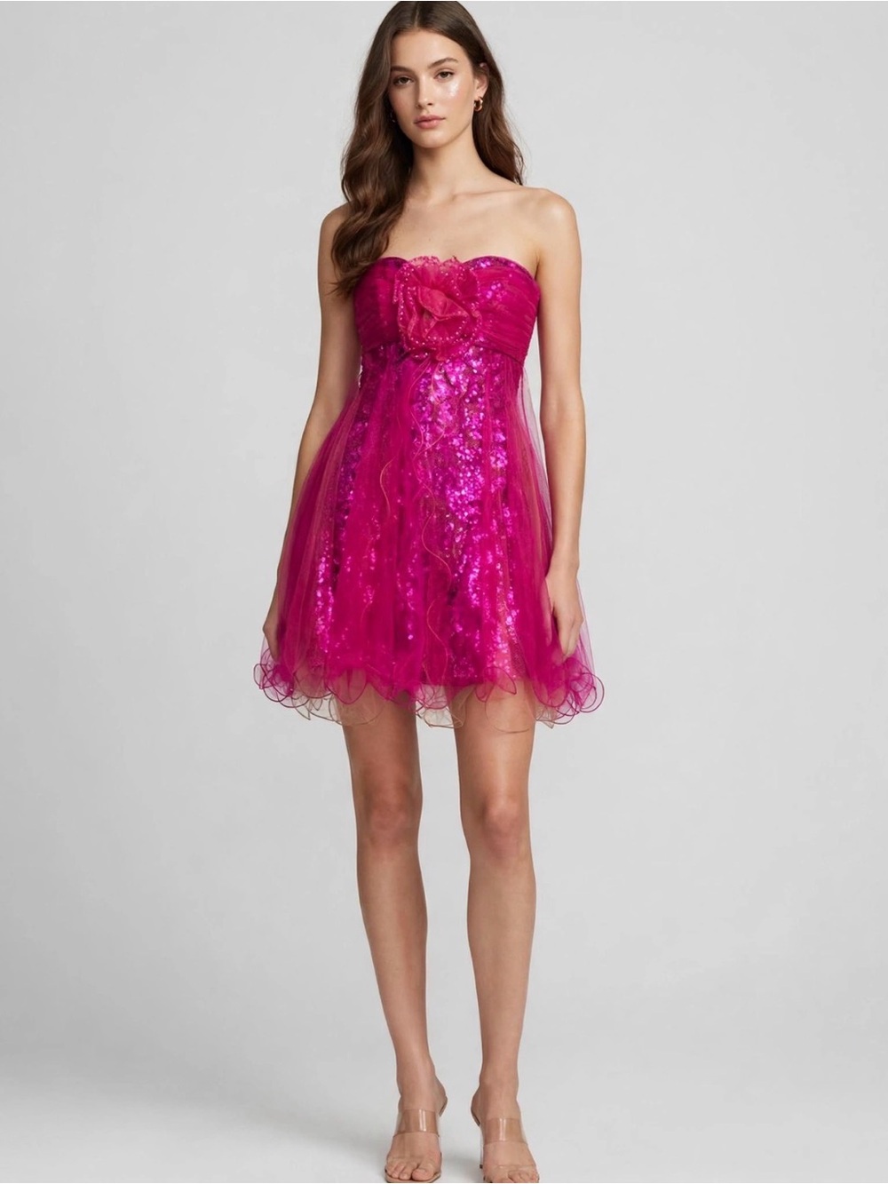 Jovani Strapless Fuchsia Sequin Tulle Party Dress